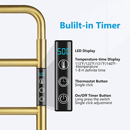 VJASS Heated Towel Rack for Bathroom, 4 Bar Stainless Steel Electric Towel Warmer with Built-in Timer, Dual Hardwired & Plug-in Wall Mounted Installation (Brushed Gold) - color: Brushed Gold