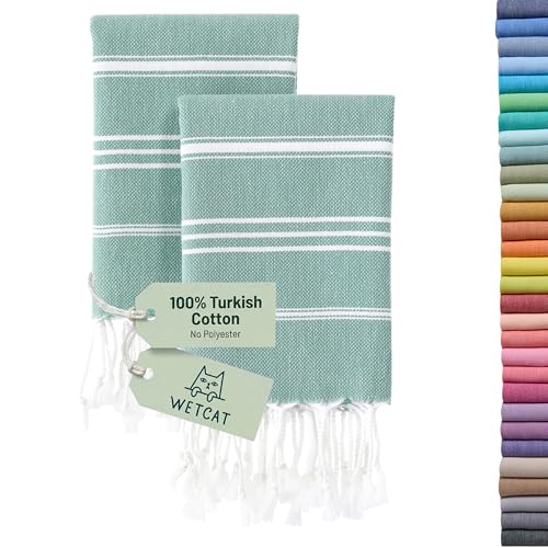 WETCAT Turkish Hand Towels with Hanging Loop, Set of 2 (20" x 30") 100% Turkish Cotton, Pre-Washed, Quick Drying, for Kitchen or Bathroom - Teal - color: Teal