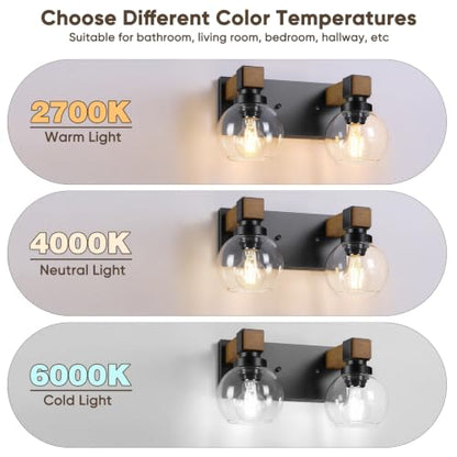 Farmhouse Bathroom Vanity Light, 2-Light Wood Bathroom Light Fixtures Over Mirror, Black Vanity Lighting Fixtures with Glass Shades, Rustic Bathroom Lighting for Living Room Bedroom Hallway - size: 2-Light