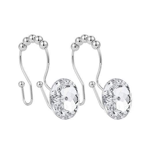 Shower Window Curtain Double Hooks，Stainless Steel Rustproof Crystal Rhinestones Gem Hooks 12-Pack (Rhinestone White)