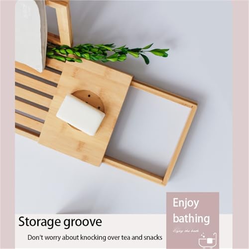 Expandable Bamboo Bathtub Tray with Book Stand, Bathtub Shelf with Wine Glass Holder and Grooves, Adjustable Bath Caddy for Tub Relaxation, Great Bath Caddy for Home Spa