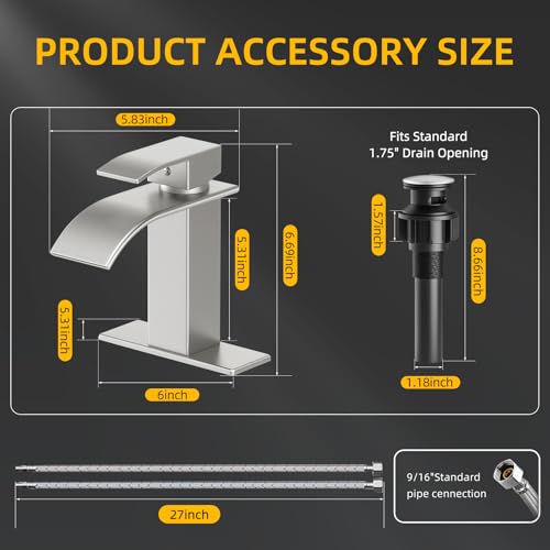 Waterfall Bathroom Faucet,Brushed Nickel Stainless Steel, 1-Handle | Modern Bathroom Sink Faucet for RV & Outdoor Basins, Pop-Up Drain, Supply Lines, 6-in Deck Plate, 1- or 3-Hole, NSF Certified - color: Brushed Nickel