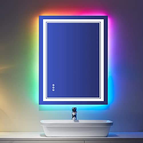 28x36 Inch RGB LED Bathroom Mirror with Lights | Front and RGB Backlit, Dimmable, Memory, Anti Fog, Shatterproof, Horizontal/Vertical, Lighted Mirrors for Bathroom Wall - color: Rgb Backlit, size: 28"L x 36"W