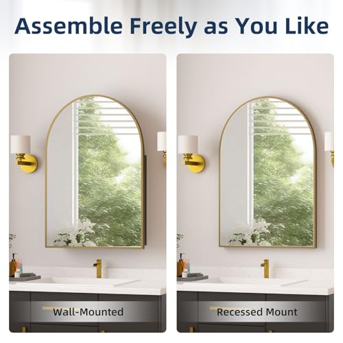 Medicine Cabinets for Bathroom, Gold Arched Medicine Cabinet Recessed or Surface Wall-Mounted,Modern Bathroom Vanity Mirror with Storage, Mirrored Cabinet with Adjustable Shelves,20x30 Inch