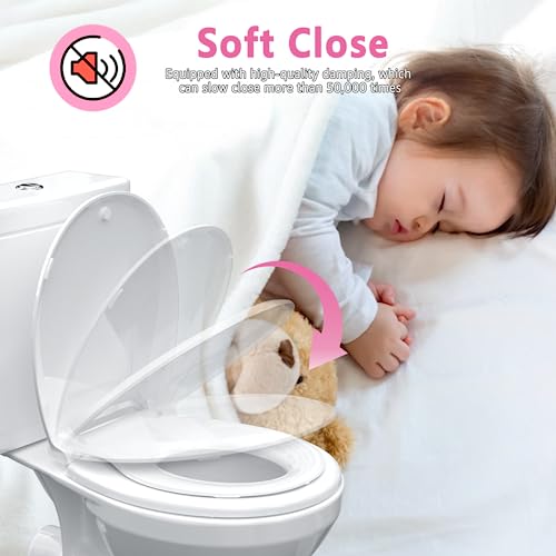 Aünsffer Toddler Toilet Seat with Potty Training Seat Round 16.5inch, 2 in 1 Toilet Seat for Family Built-in Baby Seat Removable, Soft Close + Easy Clean, PP Safe Material, White - color: White, size: Round 16.5inch with Baby Seat