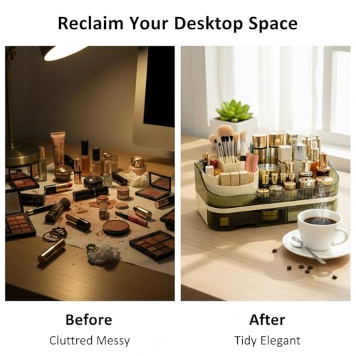Makeup Organizer Countertop with Dual Drawers | Plastic, Vanity Bathroom Desk, 360° Rotating, Easy Clean, Cosmetic Skincare - color: green