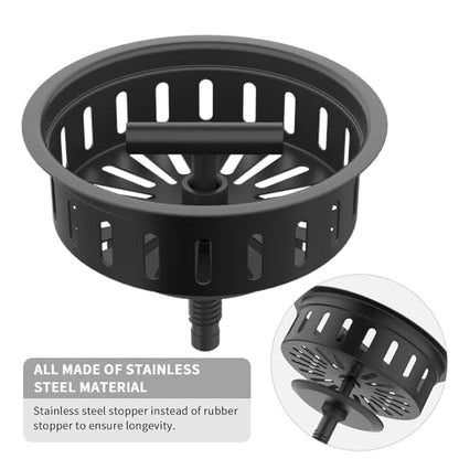 KONE Black Kitchen Sink Drain Matte Black Sink Strainer 3-1/2 Inch Drain Assembly Kit Replacement for Universal 3.5 Inch Kitchen Sink, All Stainless Steel Body with Strainer Basket and Drain Stopper - color: Pure Black