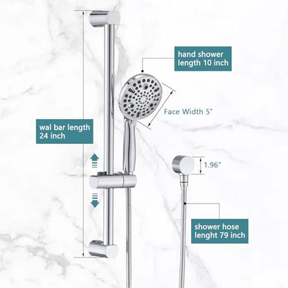 Hand Shower with Slide Bar, High Pressure 10 Setting Handheld Shower Head, Adjustable Height 24" Slide Bar, Wall Supply Elbow and 6.6ft Extra Long Shower Hose - Chrome - color: Chrome