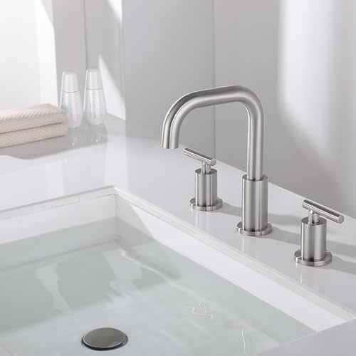 8 inch Brushed Nickel Widespread Bathroom Faucet, 2 Handle 3 Hole Bathroom Faucet with Sink Drain and Water Faucet Supply Hose, ChiLDano Bathroom Faucets CH3166BN | ChiLDano Satin Nickel Sink Faucet Bathroom with 360 Swivel Spout, Brushed Nickel Vanity Fa