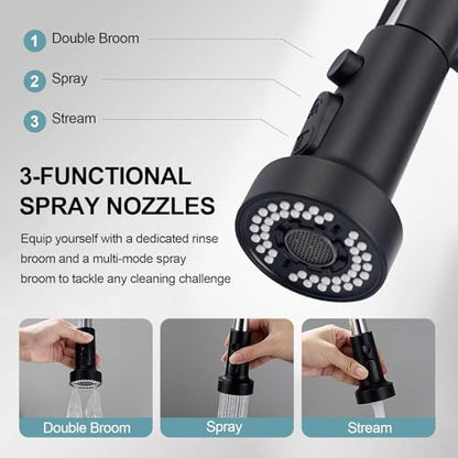Kitchen Faucets with Pull Down Sprayer, Matte Black Stainless Steel Single Handle Pull Out Spring Sink Faucet, 3 Function Sprayer 1 or 3 Hole Deck Plate for Farmhouse Laundry Rv Bar - color: Matte Black, style: Classic