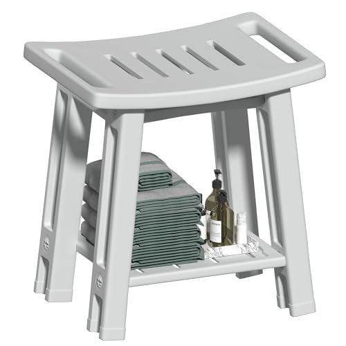 Shower Chair for Inside Shower, Shower Stool with Anti-Slip Foot Covers hold 400 lbs, HDPE Bath Seat with Bottom Storage Rack & Portable Armrest, Bench Chair for Adults, Elderly & Disabled, Light Gray