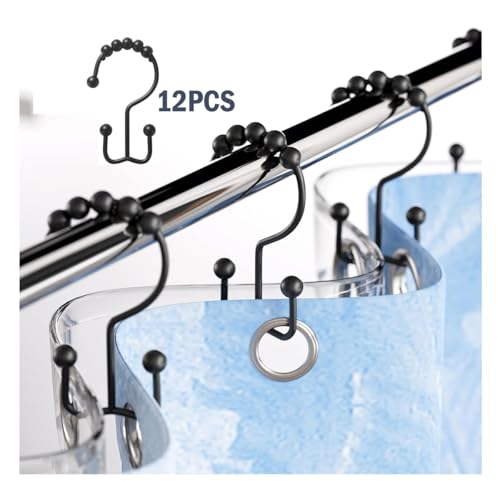 Shower Curtain Hooks Rings, Rust Resistant Metal Double Glide Shower Hooks Rings for Bathroom Shower Rods Curtains, Set of 12 Hooks - Black - color: Black