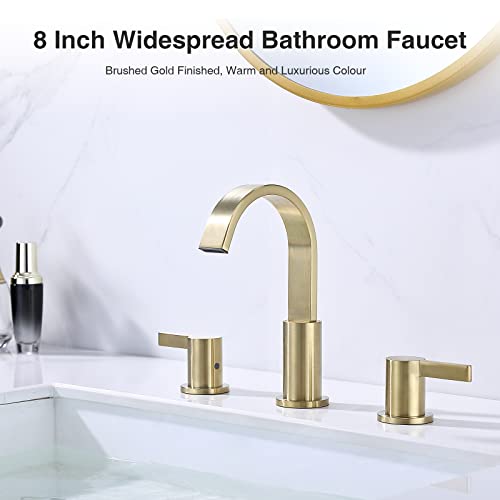 TRUSTMI 8 Inch Widespread Brushed Gold Bathroom Faucet 3 Hole 2 Handle Brass Vanity Sink Faucet with 360 Degree Swivel Spout, Overflow Drain and cUPC Waterlines - color: Brushed Gold