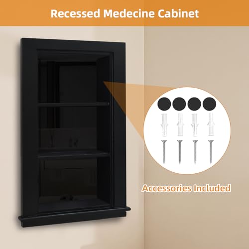 14 x 24 Recessed Medicine Cabinet, Black Bathroom Wall Cabinet, 3-Tier Wall Niche with Glass Interior, for Bathroom Storage - color: Black