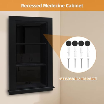 14 x 24 Recessed Medicine Cabinet, Black Bathroom Wall Cabinet, 3-Tier Wall Niche with Glass Interior, for Bathroom Storage - color: Black