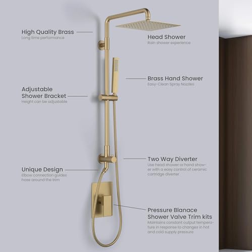 KIBI Cube 2-Function Wall Mounted Rain Shower Column | Bathroom Shower Faucet System with Solid Brass Rough-In Valve, 10" Rain Shower Head | Easy Temperature Control (Brushed Brass, KSC404) - color: Brushed Brass