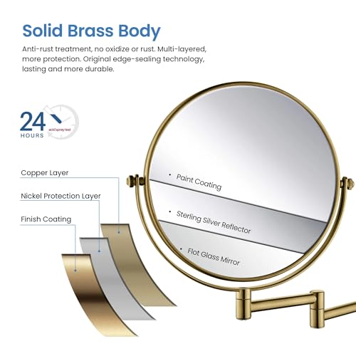 Circular Wall Mount Makeup Mirror, Dual-Sided 1x/5x Magnifying Mirror with Extendable Arm, 360° Swivel, Solid Brass Construction for Durability and Style (Brushed Brass - KMM100) - color: Brushed Brass