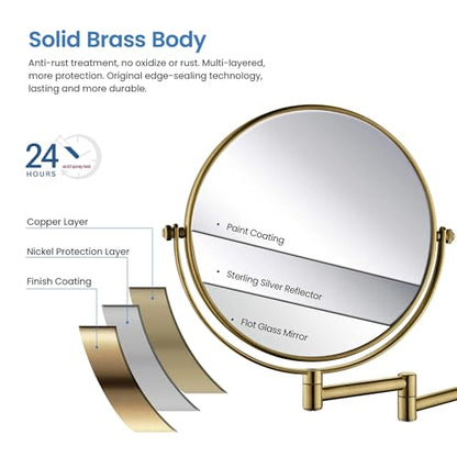 Circular Wall Mount Makeup Mirror, Dual-Sided 1x/5x Magnifying Mirror with Extendable Arm, 360° Swivel, Solid Brass Construction for Durability and Style (Brushed Brass - KMM100) - color: Brushed Brass