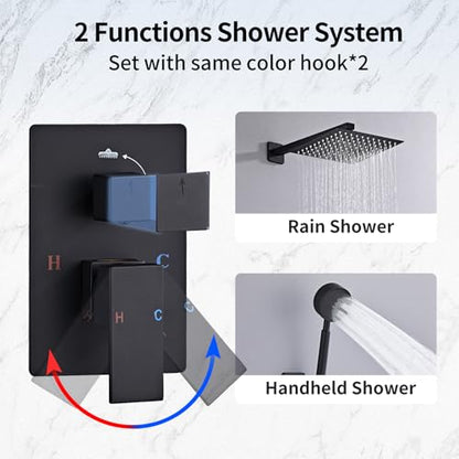 Matte Black Rainfall Shower Head, Wall Mounted 8 Inch Shower Heads with Handheld Spray Combo, Luxury Bathroom Square Rain Shower System, Solid Brass Pressure Balancd Shower Faucet Valve - color: Matte Black, style: 8 Inch