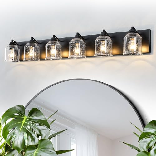 6-Light Bathroom Vanity Lights Large 48in with Bubble Glass Shades | Farmhouse Rustic style, Matte Black Metal Base, E26 Ceramic Socket, UL&ETL Listed, Up&Down Mountable, Hardwired, over Mirror - color: Matte Black, size: 6-Light