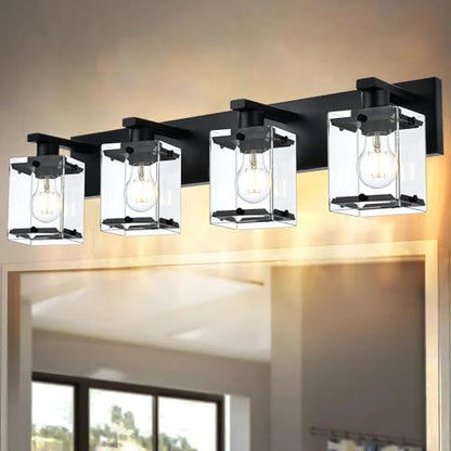 4-Light Bathroom Vanity Light Fixture, Modern Black Wall Lighting Over Mirror with Rectangular Clear Glass, E26 Bulb Base - color: Black, Clear Glass, size: 4-Lights