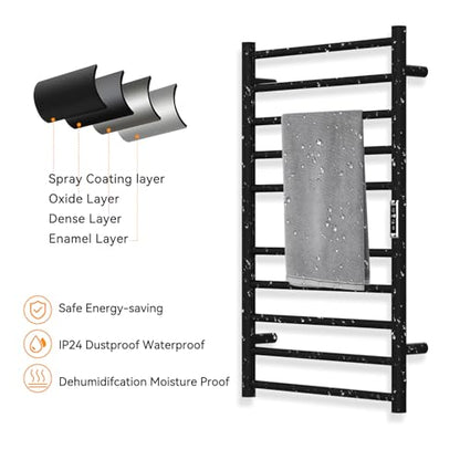 Electric Stainless Steel Warmer Rack Heated Towel Rack with 2 Hooks,Timer Temperature Multi-Level Adjustable Plug-in/Hardwired Hot Towel Rack for Bathroom Spa Gym Hotel (Black, 10-Bar) - color: Black, size: 10-Bar