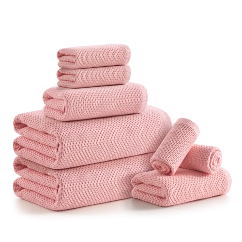 REDKISS Quick Dry Waffle Towel Set of 8, 100% Cotton,Lightweight & Highly Absorbent Waffle Towels for Bathroom, Spa, Gym, Pool-2 Bath Towels, 2 Hand Towels & 4 Washcloths,Pink - color: Pink