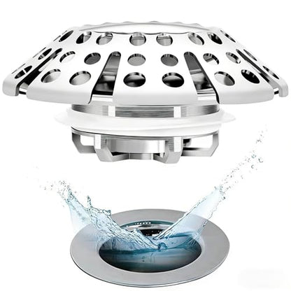 ADorCD Bathtub Drain Stopper with Hair Catcher, Pop Up Tub Stopper and Cover, Universal for 1.45 to 1.8in Drain, Chrome Silver, 0001