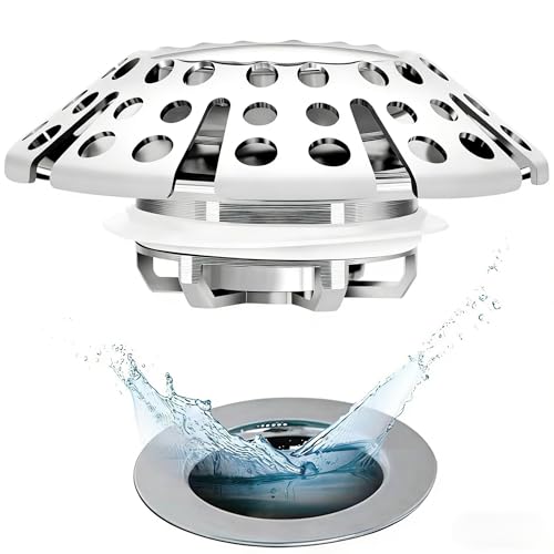 ADorCD Bathtub Drain Stopper with Hair Catcher, Pop Up Tub Stopper and Cover, Universal for 1.45 to 1.8in Drain, Chrome Silver, 0001