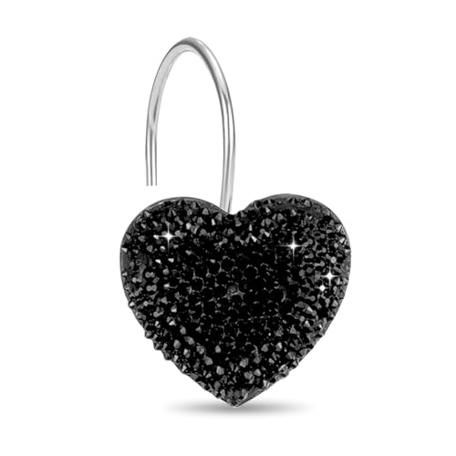 Black Heart Shower Curtain Hooks Sparkling Shower Hooks with Crystal Rhinestones - Stainless Steel Rust Resistant Hooks Holder Bling for Gothic Bathroom Accessories - color: Black