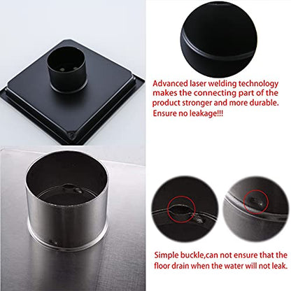 RANDOM Matte Black Square Shower Drain 6 Inch Drain Cover 304 Stainless Steel Floor Drain Grate with Removable Hair Strainer,6" Black Shower Drain - color: C-matte Black-6″ Square