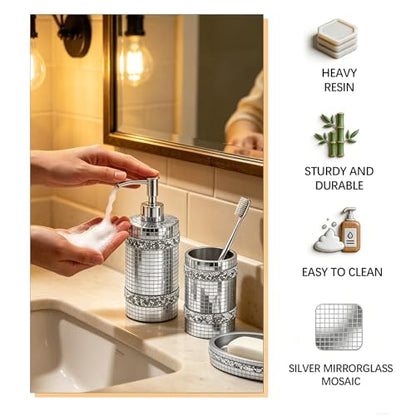 Silver Bathroom Accessories Set, Mosaic Decoration 4-piece Set | Deluxe silver mosaic bathroom 4-piece set,including soap dispenser,soap tray,toothbrush cup,partitioned toothbrush holder - size: 4 Pc Set