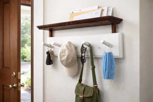 ) Matías Coat Rack Wall Mount with Shelf, 18 Inch Solid Wood Peg Rail, Wall Mounted Coat Rack with 5 Hooks, Wall Mount Shelf for Entryway, Bathroom or Bedroom (White and Natural Wood) - color: white and natural wood