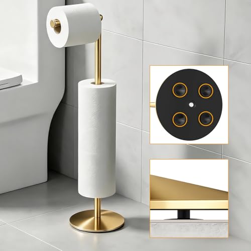 Toilet Paper Holder Stand, Stainless Steel Suction Cups Freestanding Toilet Paper Holder with Weighted Base, Storage for 4 Rolls of Paper for Bathroom (Gold) - color: Gold