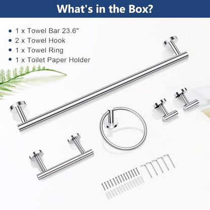 TQKAG 5 Piece Towel Racks for Bathroom, 23.6" Bathroom Hardware Set Chrome | Bathroom Hardware Set, SUS304 Stainless Steel, Double Post Pivoting, Towel Hooks, Toilet Paper Holder Set Wall Mounted - color: Polished Chrome, size: 5-Pieces Set-B