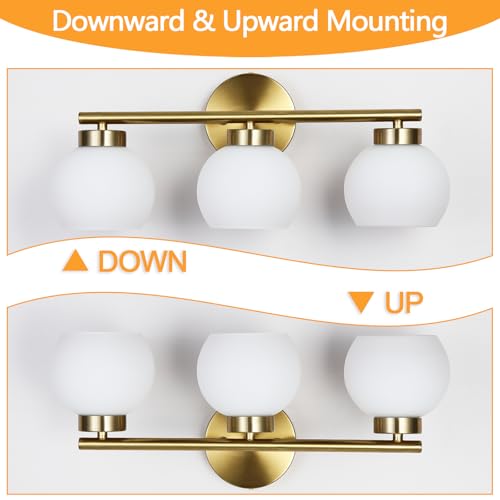 3 Light Bathroom Vanity Light, 20" Brushed Gold Bathroom Light Fixtures Over Mirror with Milky White Glass Globe Shade, Mid Century Modern Brass Wall Sconces, E26 Socket - color: Gold & Milky White Glass, size: 3-Light