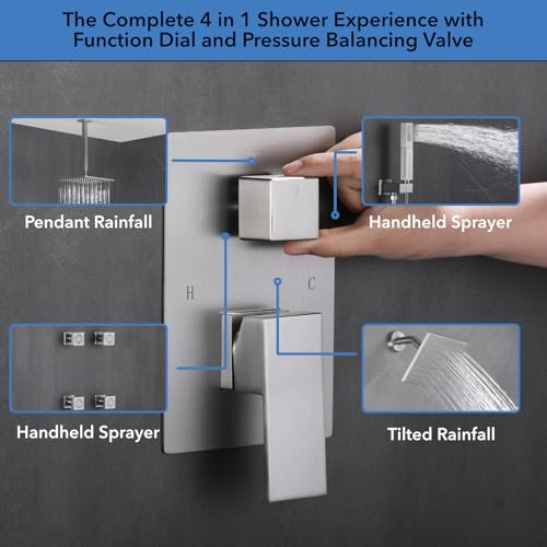 VANFOXLE Shower System, Brushed Nickel Shower Faucet Set, Four Modes | 10 Inch Ceiling Mount Head Increased Thick, 6 Inch Second Head, 2-in-1 Handheld Combo, 4 PCS Dual Mode Body Jets, Brass Valve - color: Brushed Nickel