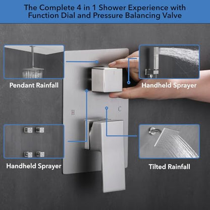 VANFOXLE Shower System, Brushed Nickel Shower Faucet Set, Four Modes | 10 Inch Ceiling Mount Head Increased Thick, 6 Inch Second Head, 2-in-1 Handheld Combo, 4 PCS Dual Mode Body Jets, Brass Valve - color: Brushed Nickel