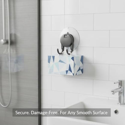 Suction Cup Tissue Box Holder for Bathroom, Wall Mount Dispenser with Double Hooks for Tile & Glass, No Drilling Required (Gray/White) - color: Gray