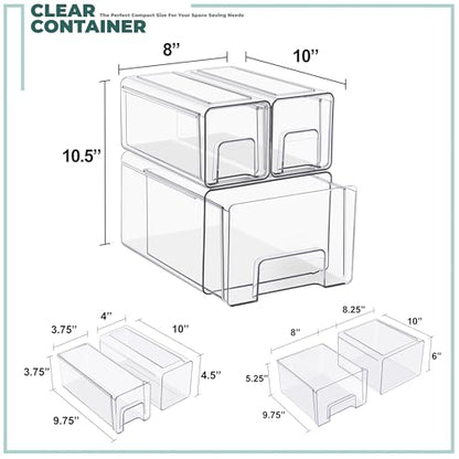 Sorbus 1 Large & 2 Small Clear Stackable Storage Drawers, Plastic Organizer Bins with Handles, Pull-Out Stackable Drawers for Bathroom Closet, Medicine, Cabinet, Pantry Storage, Baby Bottle Organizer - size: 1 Large + 2 Small