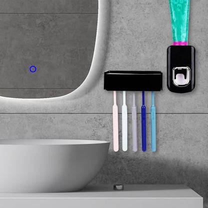5 Slots Wall Mount Toothbrush Holder with Cover, Self Adhesive Toothbrush Storage Organizer for Shower, Toothbrush Hanger with Automatic Toothpaste Squeezer Dispenser(Black) - color: Black Combination
