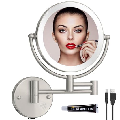 Wall Mounted Makeup Mirror with Lights, Brass, Brushed Nickel | 2 Sided 1/5X Magnifying, Bathroom Vanity Cosmetic, Touch Sensor, 3 Color Lighting, Extended Arm, 360 Rotation, Rechargeable - color: Brushed Nickel