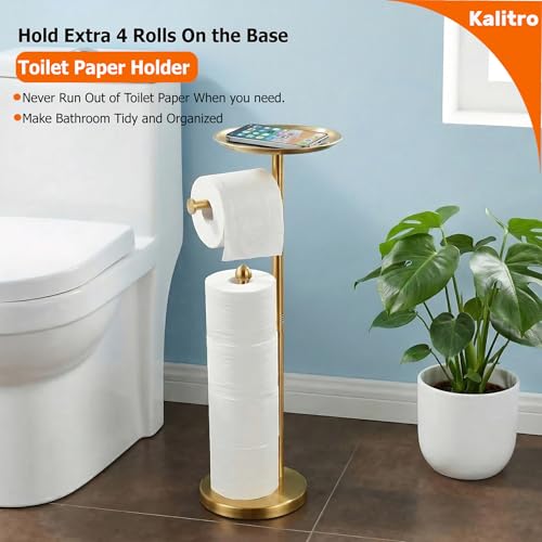 Kalitro Toilet Paper Holder Freestanding with Big Shelf, 4 Rolls Reserve Paper Holder Stand, Modern Paper Roll Holder with Storage Space for Phones (Gold) - color: Gold
