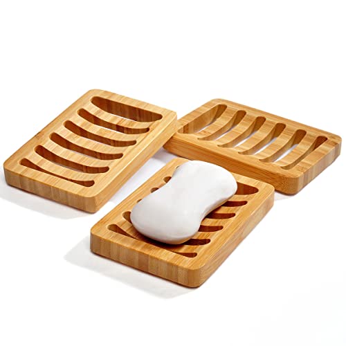 3 Pack Bamboo Wood Soap Dish Bar Soap Holder with Self Draining Tray Natural Waterfall Drain Soap Saver for Shower Bathroom Kitchen - color: 3 Pcs