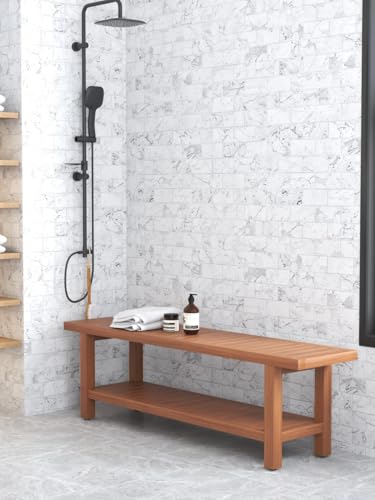 AquaTeak 60" Spa Manor Teak Shower Bench with Shelf | Durable, Water-Resistant Teak, Shower Chair & Shaving Foot Rest, Indoor/Outdoor Use