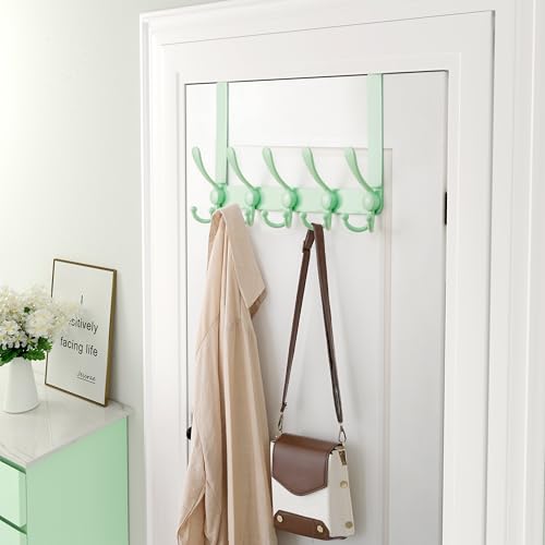 Over Door Hook 2.0 - Upgraded Version - Simple-Assembly, Strong, Heavy-Duty Stainless Steel 5-Tri-Hook Over The Door Hanger Rack, SimpleStrong Series, Green, Pack of 2 - color: Green