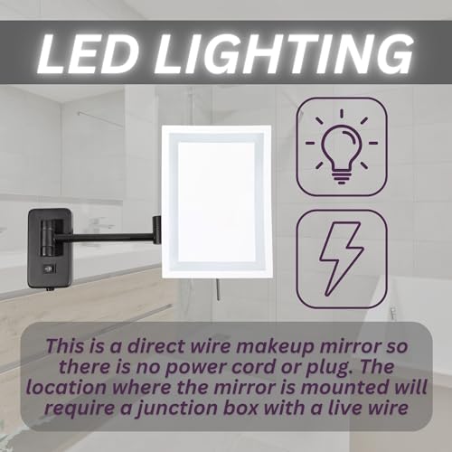 JERDON Hardwired Wall-Mount Makeup Mirror - 5X/1X - Black - JRT710BKLD | 6.5" x 9" Rectangular Frame, LED Lighting, Direct Wire Install - color: Black Direct Wire