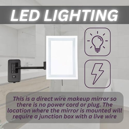 JERDON Hardwired Wall-Mount Makeup Mirror - 5X/1X - Black - JRT710BKLD | 6.5" x 9" Rectangular Frame, LED Lighting, Direct Wire Install - color: Black Direct Wire