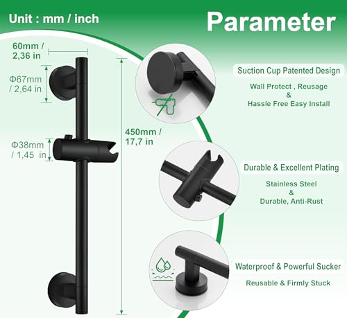 Upgrade 17.7inch Black Shower Slide Bar w/ Vacuum Suction Cup,Reusable & Removable Handheld Shower Head 360°Adjust,Hassle-Free Install for Bathroom Wall Mount,Stainless Steel,No-Drill Renter Friendly - color: Matte Black