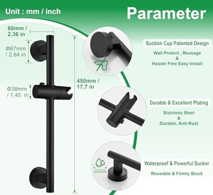Upgrade 17.7inch Black Shower Slide Bar w/ Vacuum Suction Cup,Reusable & Removable Handheld Shower Head 360°Adjust,Hassle-Free Install for Bathroom Wall Mount,Stainless Steel,No-Drill Renter Friendly - color: Matte Black